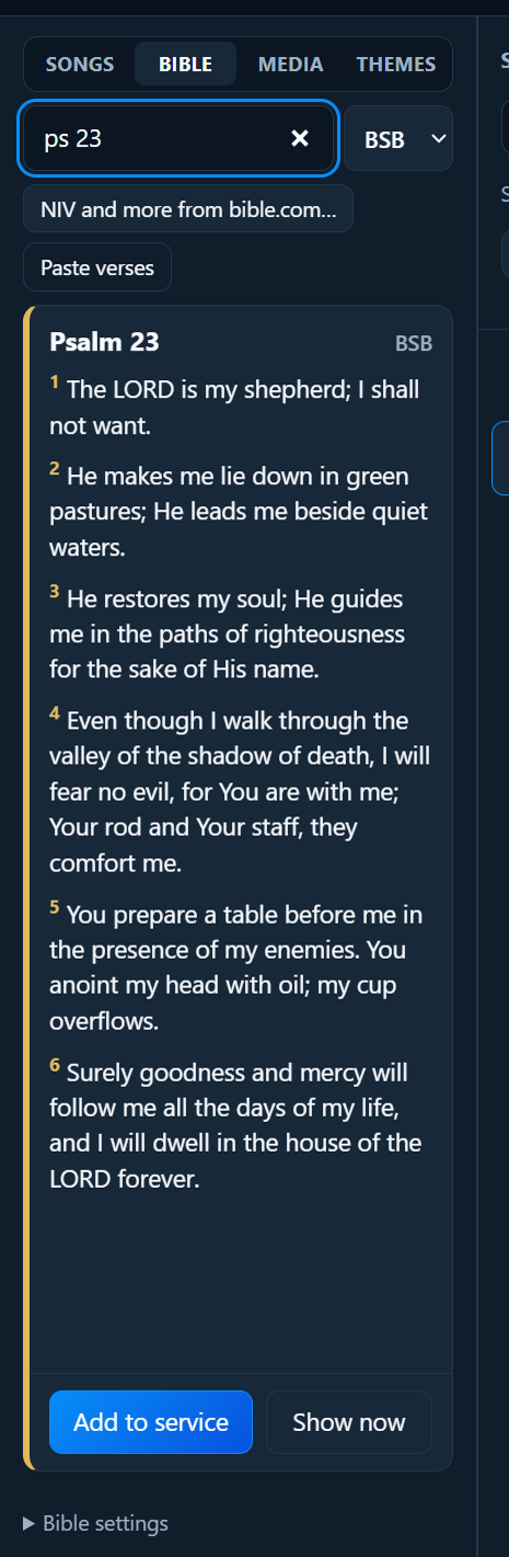 The Bible tab, with Psalm 23