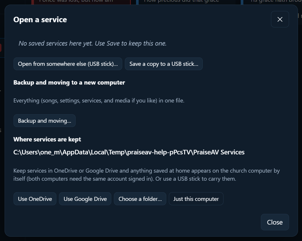 Opening a saved service