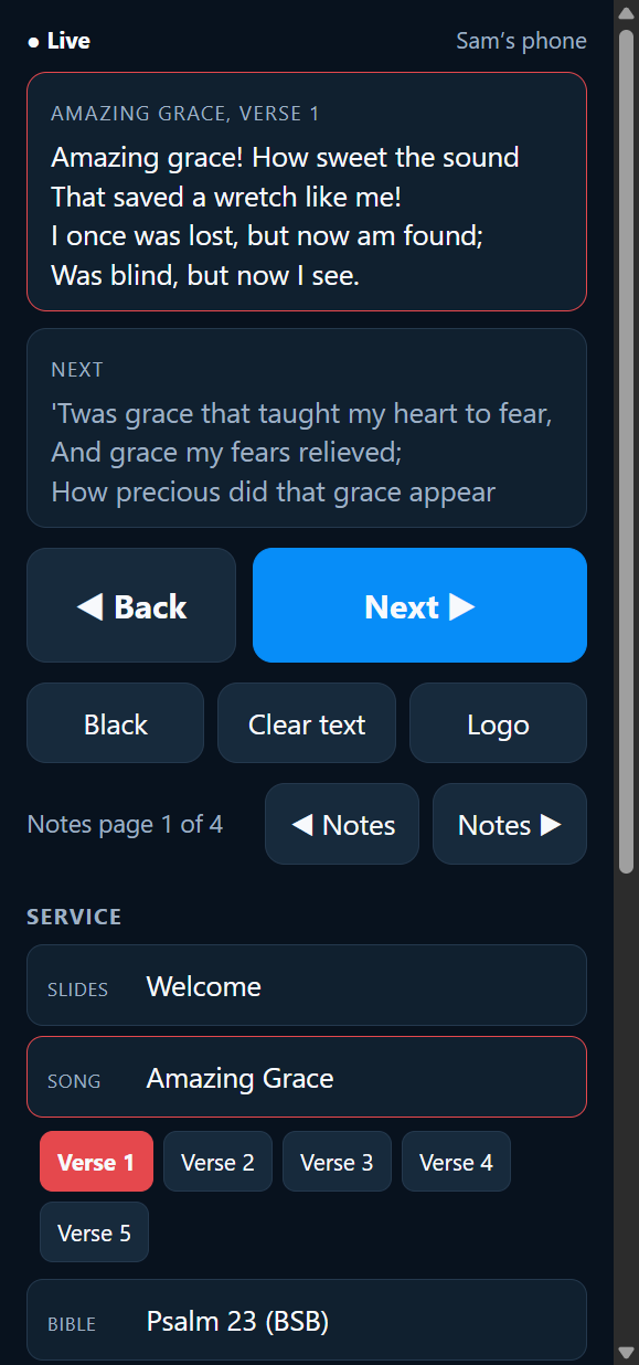 The phone remote: the live verse, the next one, Back and Next buttons, and the service order