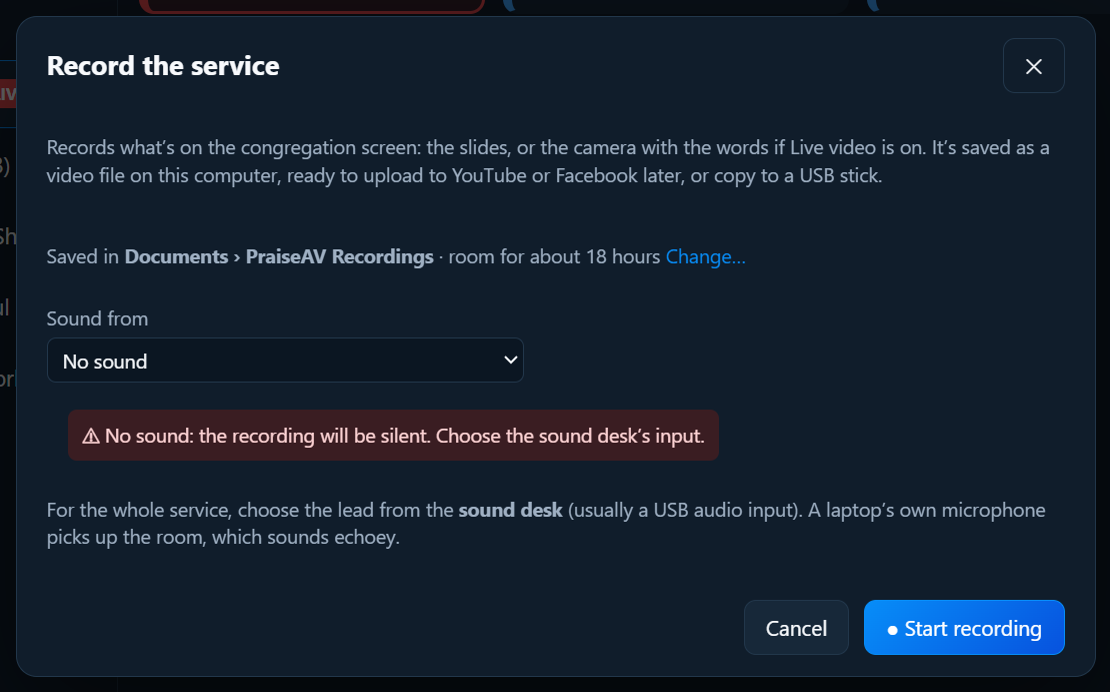 The Record the service window: where recordings are saved, how many hours fit, and the sound input