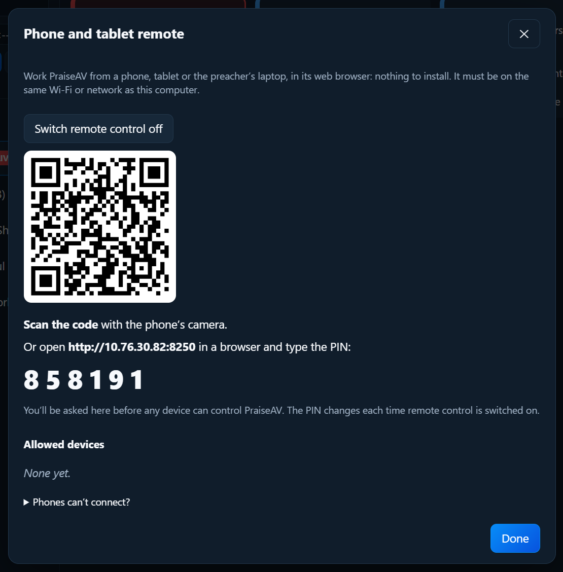 The remote window, with the code to scan