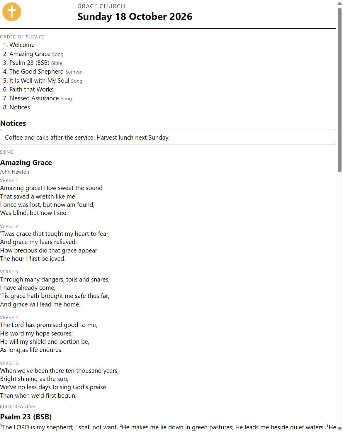 A printed service sheet with the order of service and the words of the songs