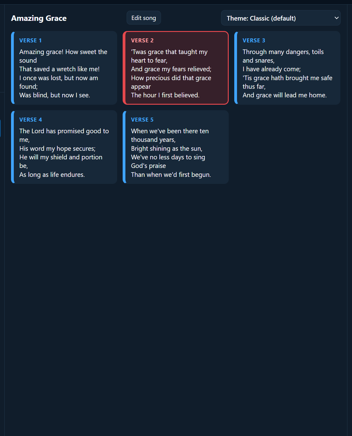 The slides of the selected item; the live one has a red border