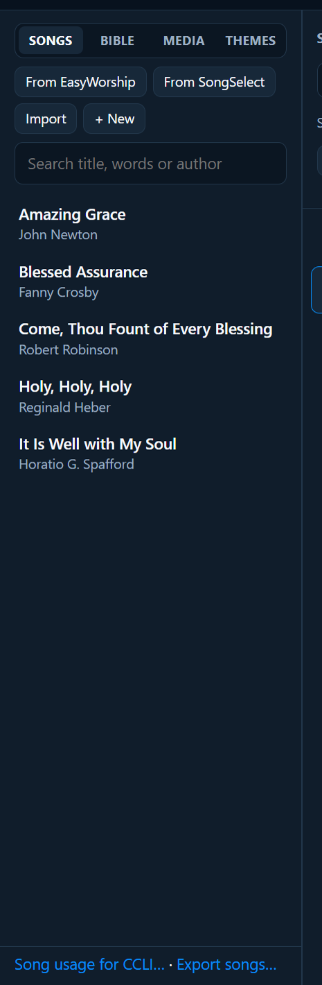 The Songs tab